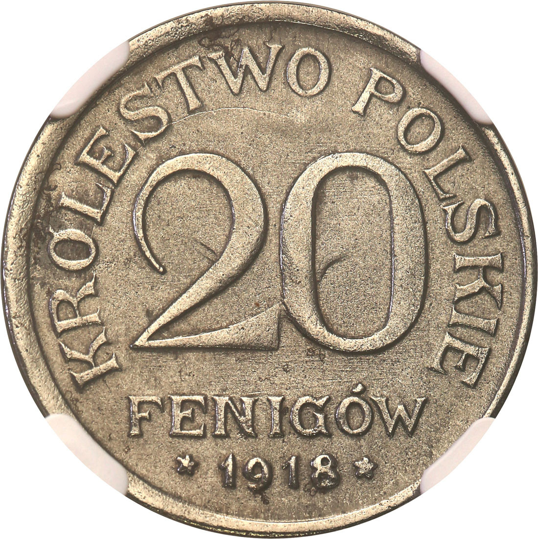 Królestwo Polskie. 20 fenigów 1918 F, żelazo NGC UNC - ex. Karolkiewicz